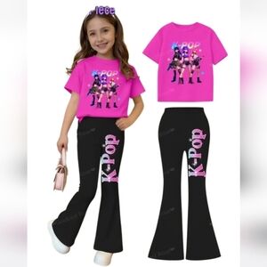 K-POP Graphic Tee & Black Flare Pants Set - Hot Pink & Black